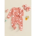 thumbnail image 4 of Loicainy Newborn Baby Girls Footies Romper 3 6 12 Months Long Sleeve Crew Neck Frills Zipped Floral Jumpsuit and Headband Fall Spring Clothes, 4 of 9