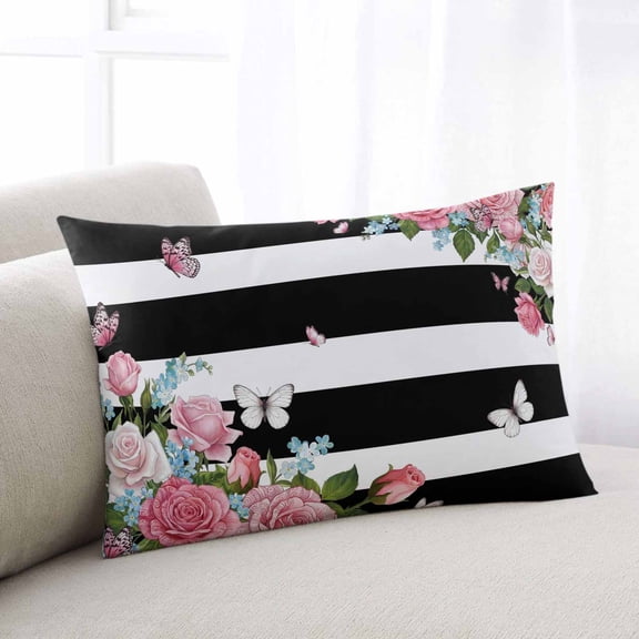 Pink Flowers Throw Pillow Covers, Spring Floral Butterflies Black White Striped Farmhouse Soft Breathable Pillow Cases with Invisible Zipper, Small Pillowcases for Couch Bed Sofa Chair 16x24 Inches