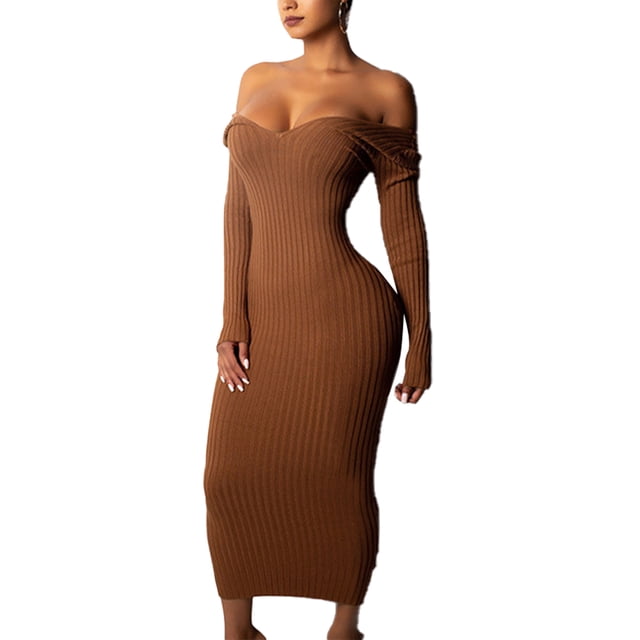 LUXUR Robe Tricotée pour Femme à Manches Longues, Robes Midi, Col en V, Aguichant, Garçon, Brun, TG