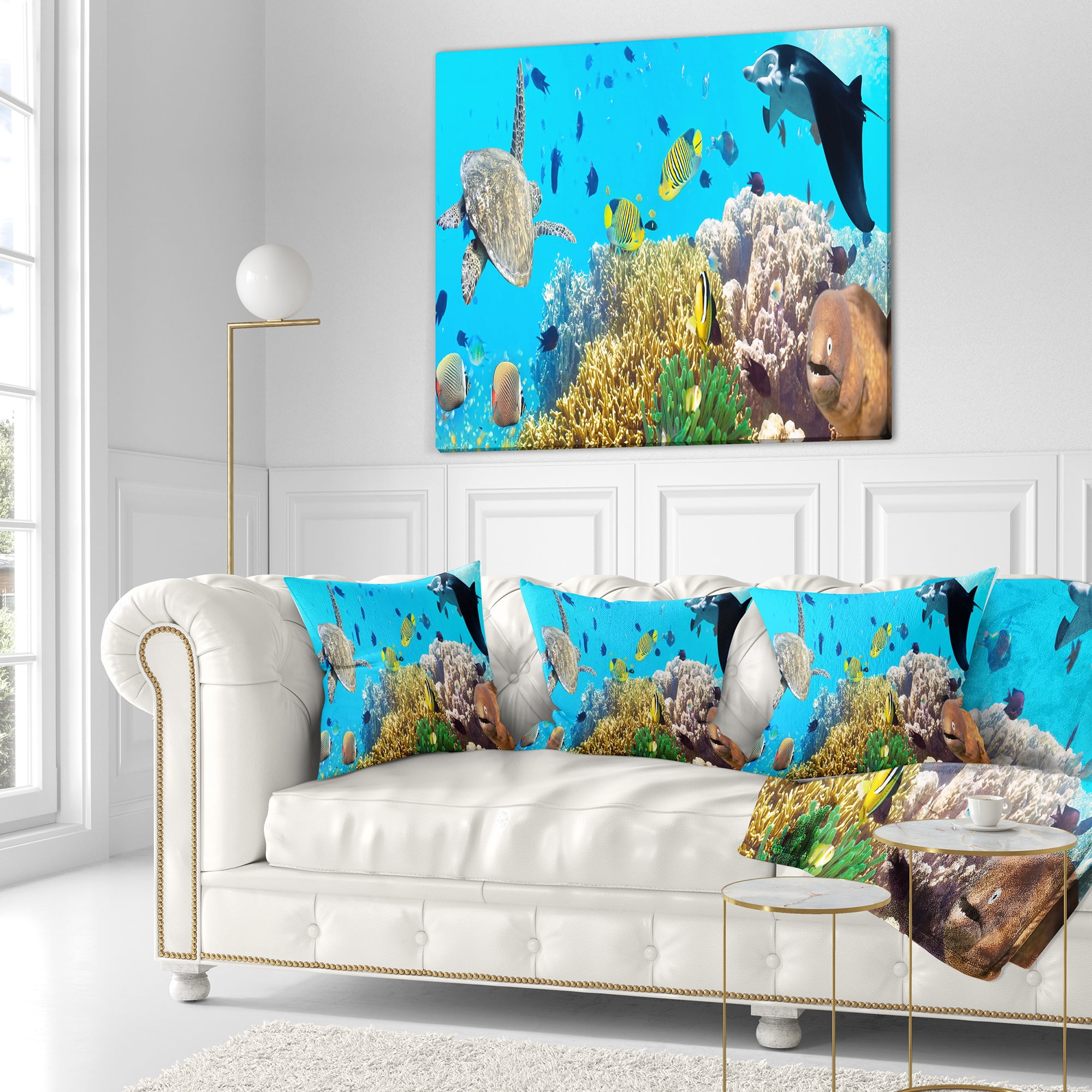 Designart Underwater Panorama with Sea Creatures - Photography Throw Pillow - 18x18