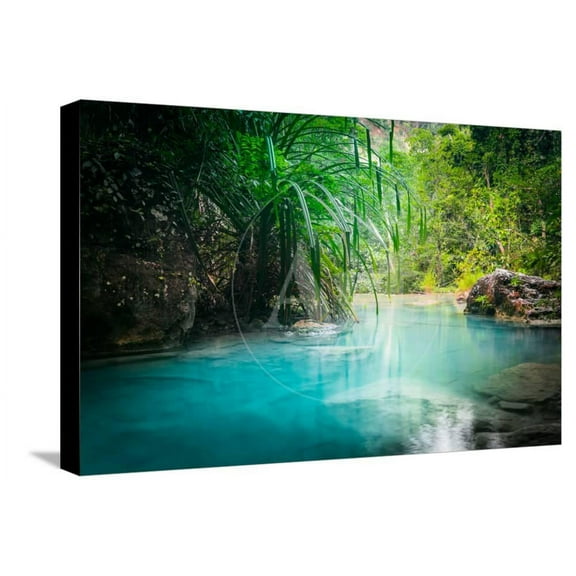 Jungle Landscape with Flowing Turquoise Water of Erawan Cascade Waterfall at Deep Tropical Rain For, Scenic Stretched Canvas Wall Art by Perfect Lazybones Sold by ArtCom