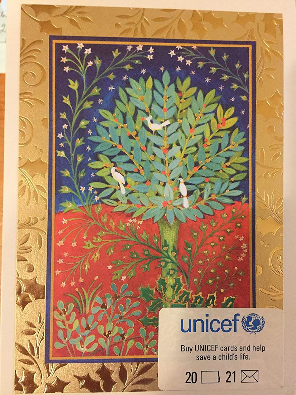 Hallmark UNICEF Boxed Christmas Cards 20 Cards and 21 Envelopes Peaceful Holly Tree 