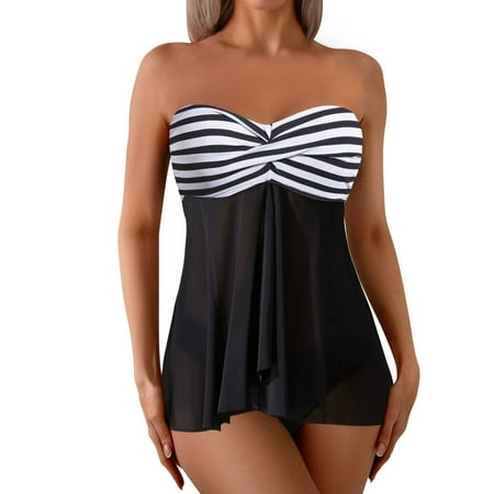 Yajing Womens Swimwear Women s Neck Strapless Bra With Two Split Swimsuit Belly Covering And Splicing Fashionable Dress Bikini White M