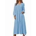 thumbnail image 2 of Women'S Boho Cotton Maxi Dress V-Neck Long Sleeve Flowy Beach Dress with Pockets and Buttons Light Blue M, 2 of 9
