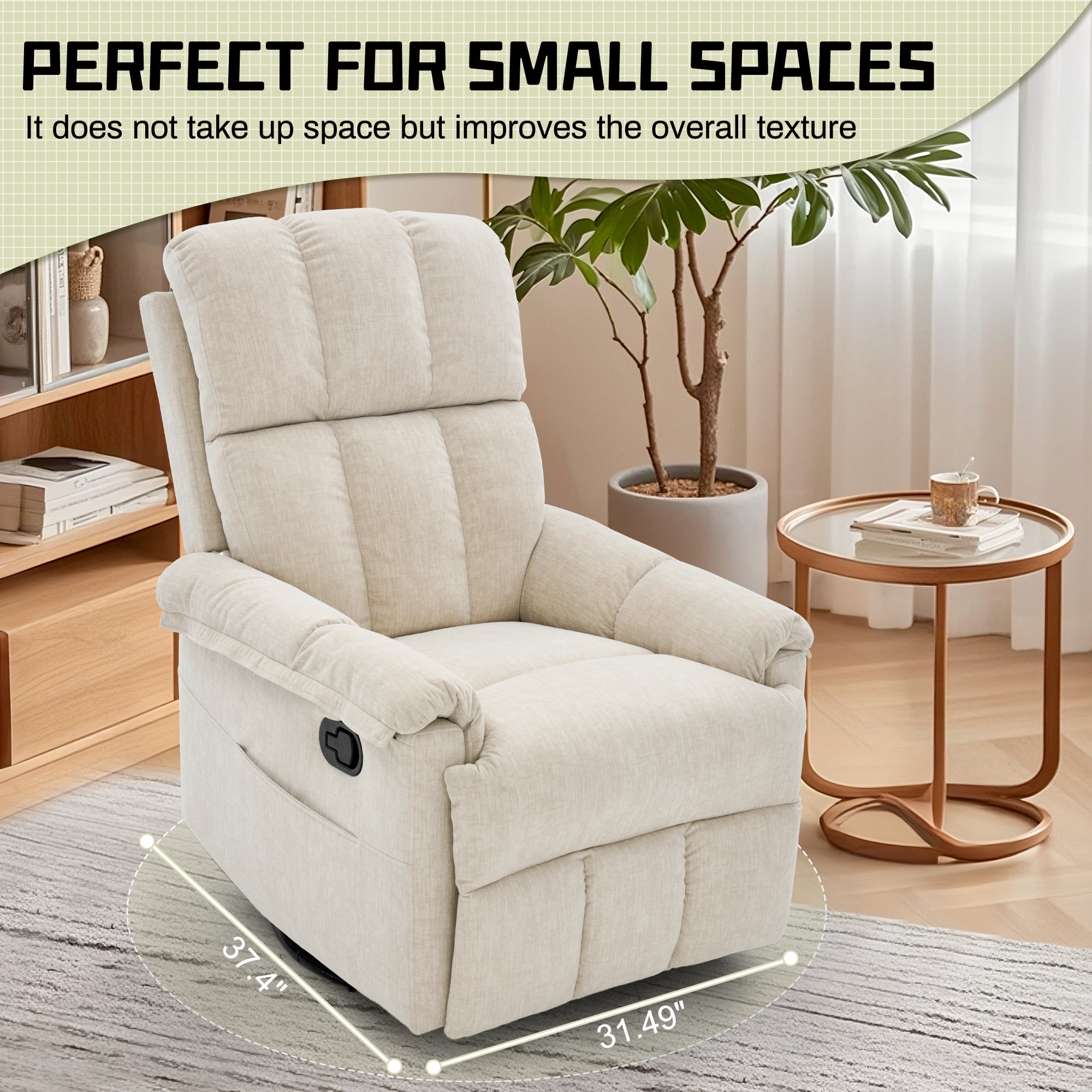 Korser 360°Swivel Recliner Chair for Adults with Side Pockets,Small Rocking Recliner for Small Spaces for Living Room,Nursery,Beige
