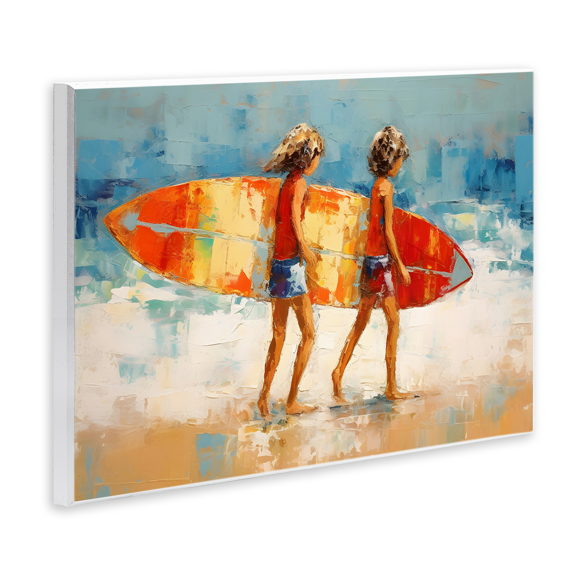 Stupell Industries Kids Holding Surfboard People Painting Unframed Art Print Wall Art, 19 x 13