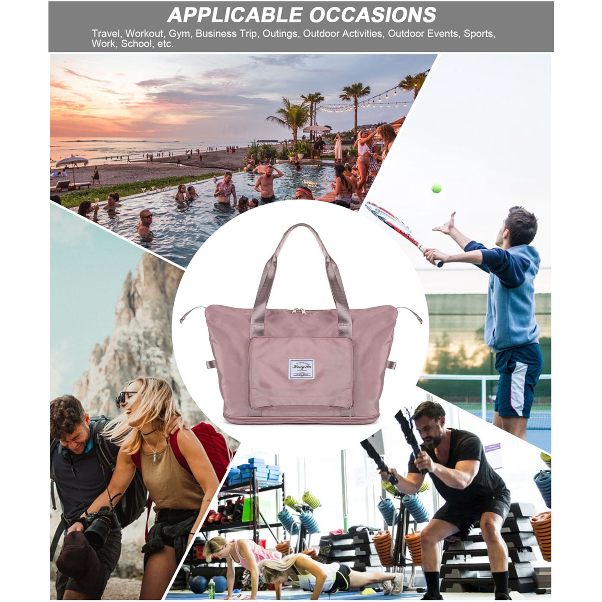 Gustave Women Large Folding Weekender Travel Bag Lightweight Sport Duffle Bags Waterproof Foldable Tote Carry on Luggage - Pink