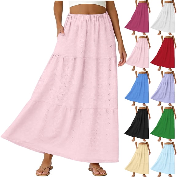 Women Skirts Plus Size Solid Color High Waist Casual Loose Hollow Comfy A-Line Long Skirt