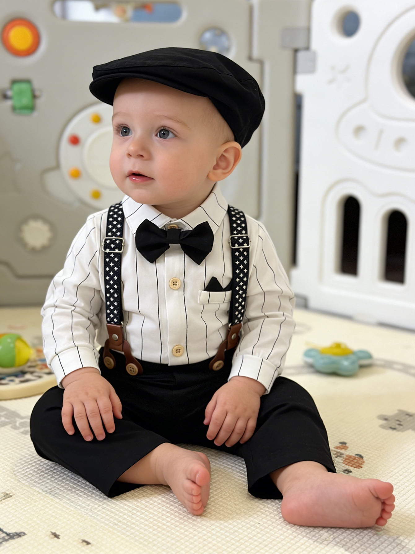 CARETOO Baby Boy Clothes Infant Formal Dress Outfit Set Romper Shirt Bowtie Beret Suspender Trousers 0-24M 4Pcs Church Wedding Baptism Suit Cotton Fabric