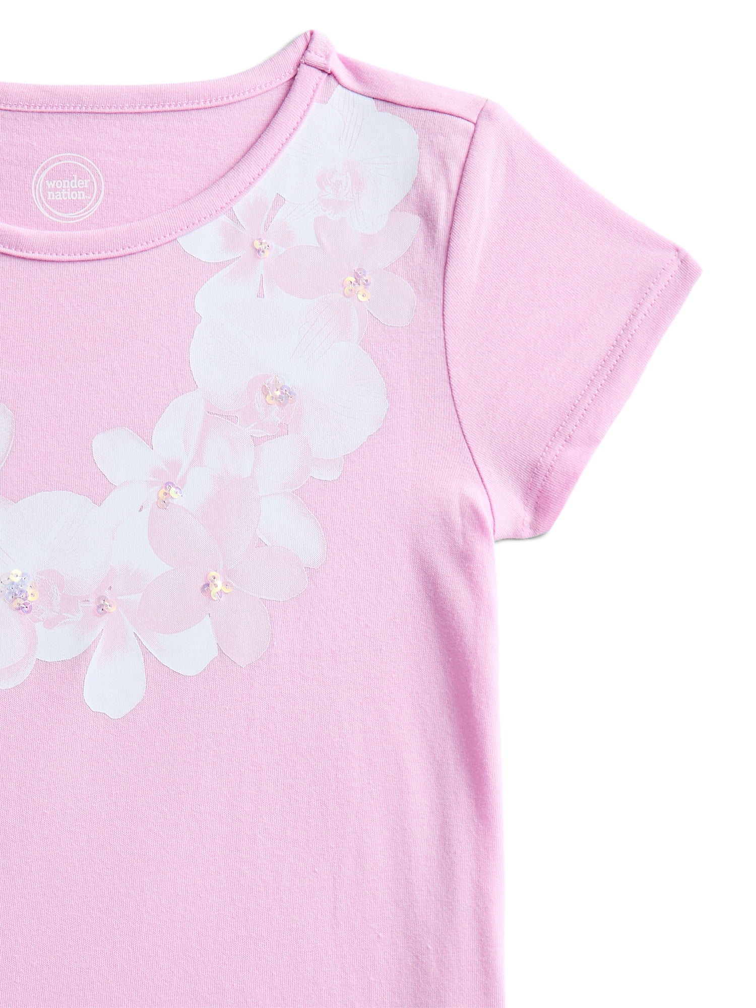 Wonder Nation Girls Embellished Graphic Tee with Short Sleeves, Sizes 4-18 & Plus