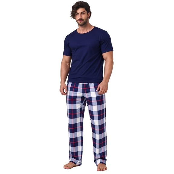 Men's 2-Piece Pajama Set, Short Sleeve Solid Top & Plaid Long Pants, Soft Breathable Loungewear with Pockets, Wearable Outside