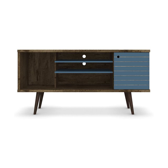 Manhattan Comfort Liberty 53 Inch Mid Century Modern TV Stand Table, Brown/Blue