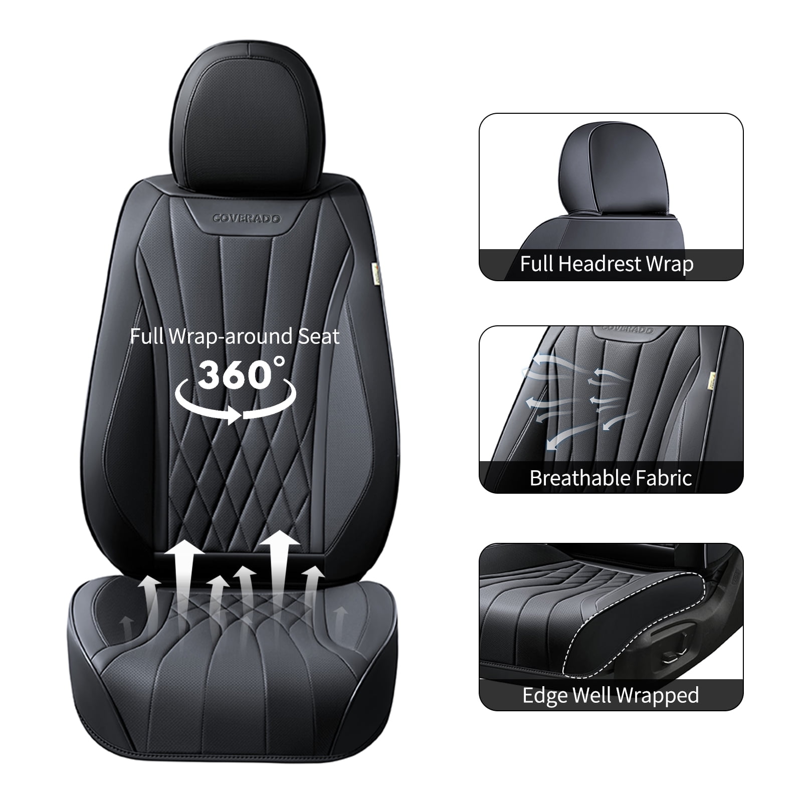 Coverado Car Seat Covers Full Set, Premium Leather Front and Rear Seat Protectors, Sleek Design Universal Fit for Most Cars, Black