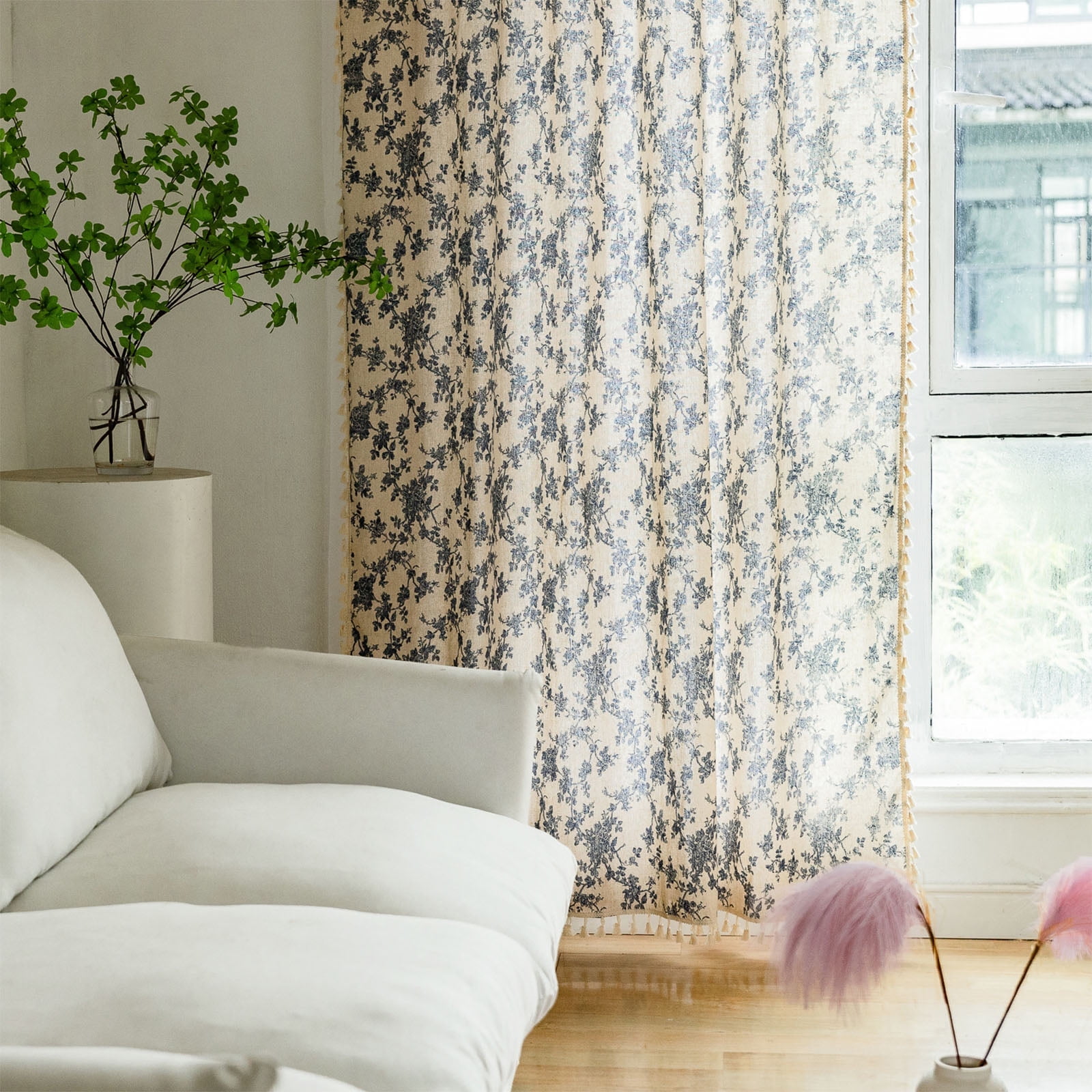 NixiYa Rose flower Curtains for Living Room Rod Pocket Farmhouse Linen Curtains Light Filtering 52" x 63",1 Panel,Beige