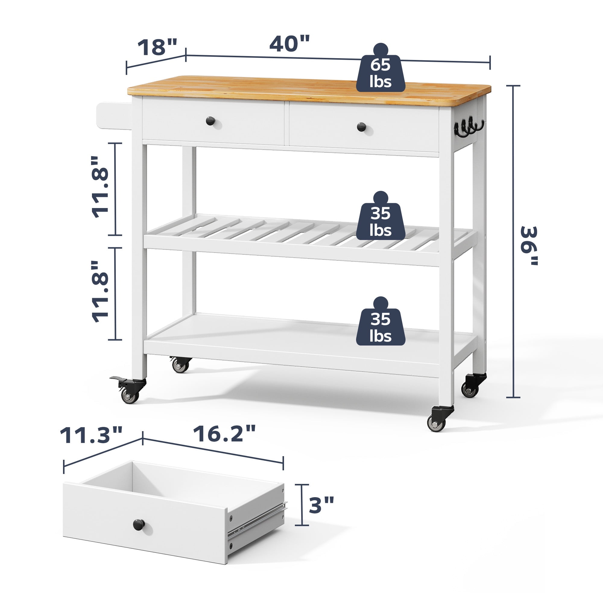 Asofer Kitchen Island Cart with 2-Level Open Storage Shelves, 2 Drawer, for Dining Room, bar, White
