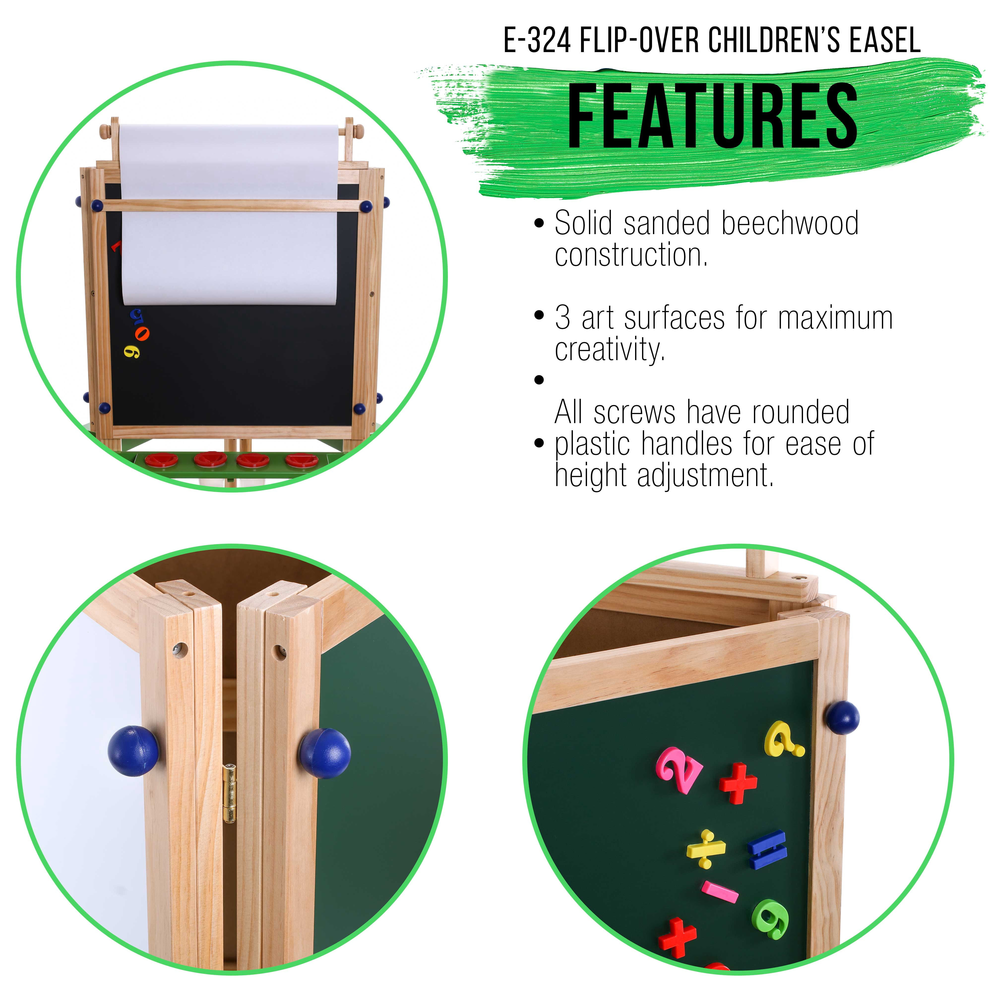 U.S. Art Supply Children's 3-Sided Art Activity Easel with 3 Magnetic Shelf Stations, Chalkboard, Blackboard, Dry Erase