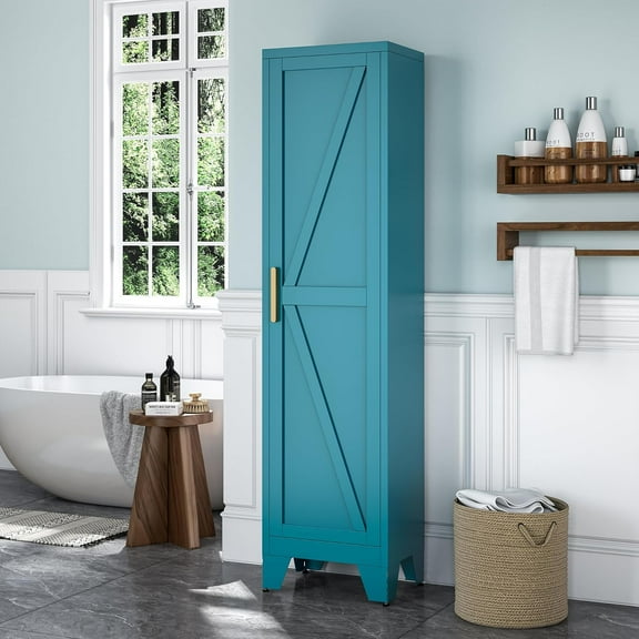 Tall Bathroom Cabinet,Metal Cabinet with 5 Adjustable Shelves,Narrow Storage Cabinet with Single Barn Door,Slim Pantry Storage Cabinet for Bathroom,Kitchen,Entryway 67H Blue