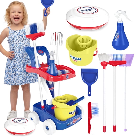 HopeRock Kids Cleaning Set for Toddlers Ages 3-6, Pretend Play Housekeeping Cart with Mop Broom Dustpan Spray Bottle Bucket and Toy Vacuum, Red Blue.