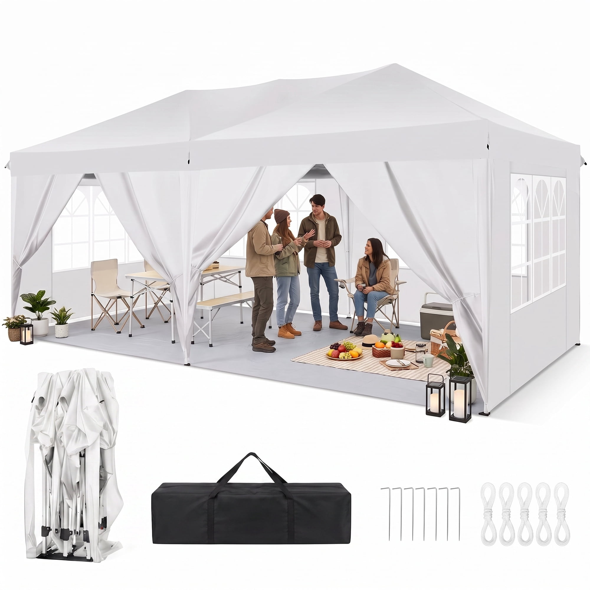 SANOPY 10' x 20' EZ Pop Up Canopy Tent Party Tent Outdoor Event Instant Tent Gazebo with 6 Removable Sidewalls and Carry Bag, White