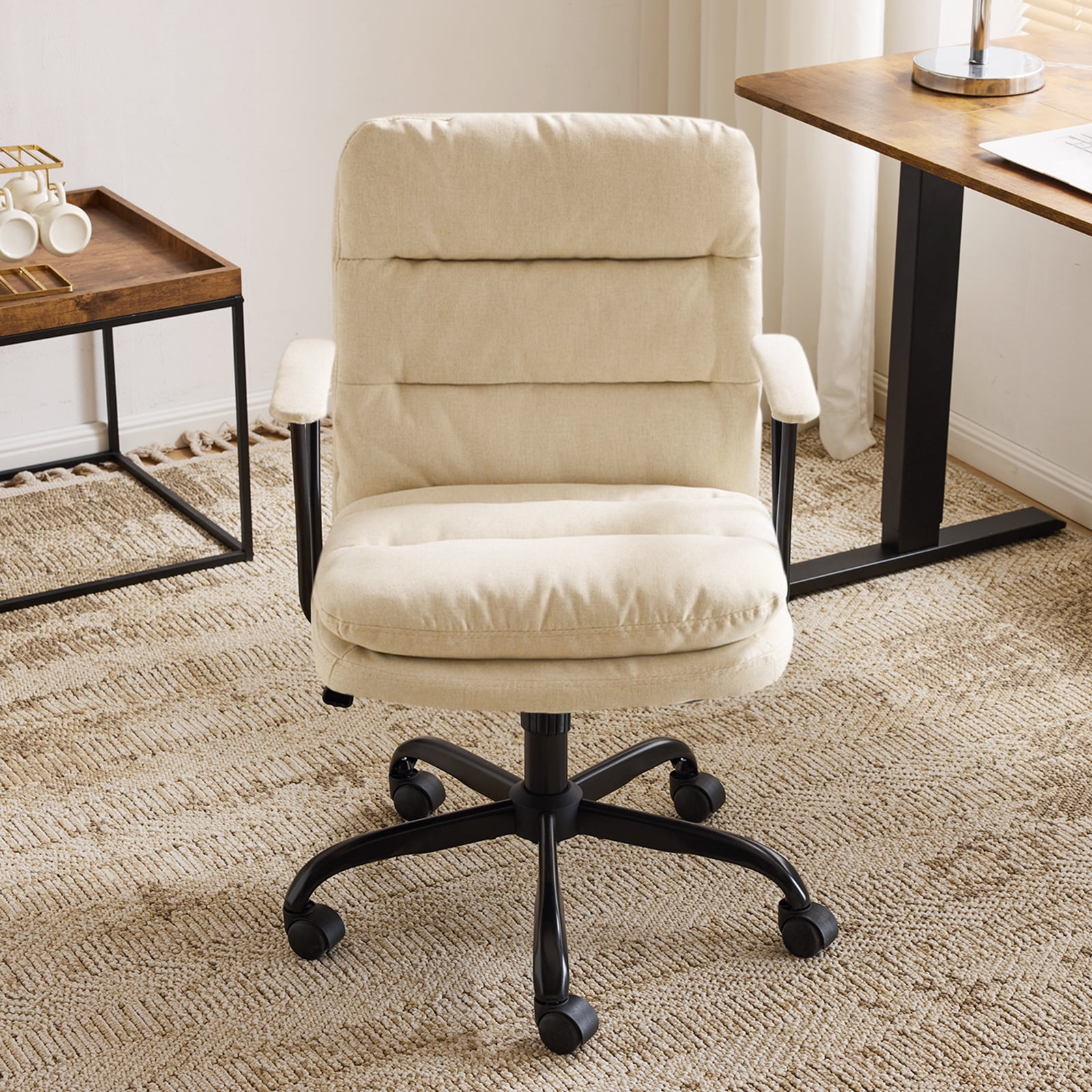 Ktaxon Office Chair with Armrests, Linen Fabric Desk Chair with Wheels, Swivel Task Chair for Study Room or Dressing Vanity Area Light Yellow