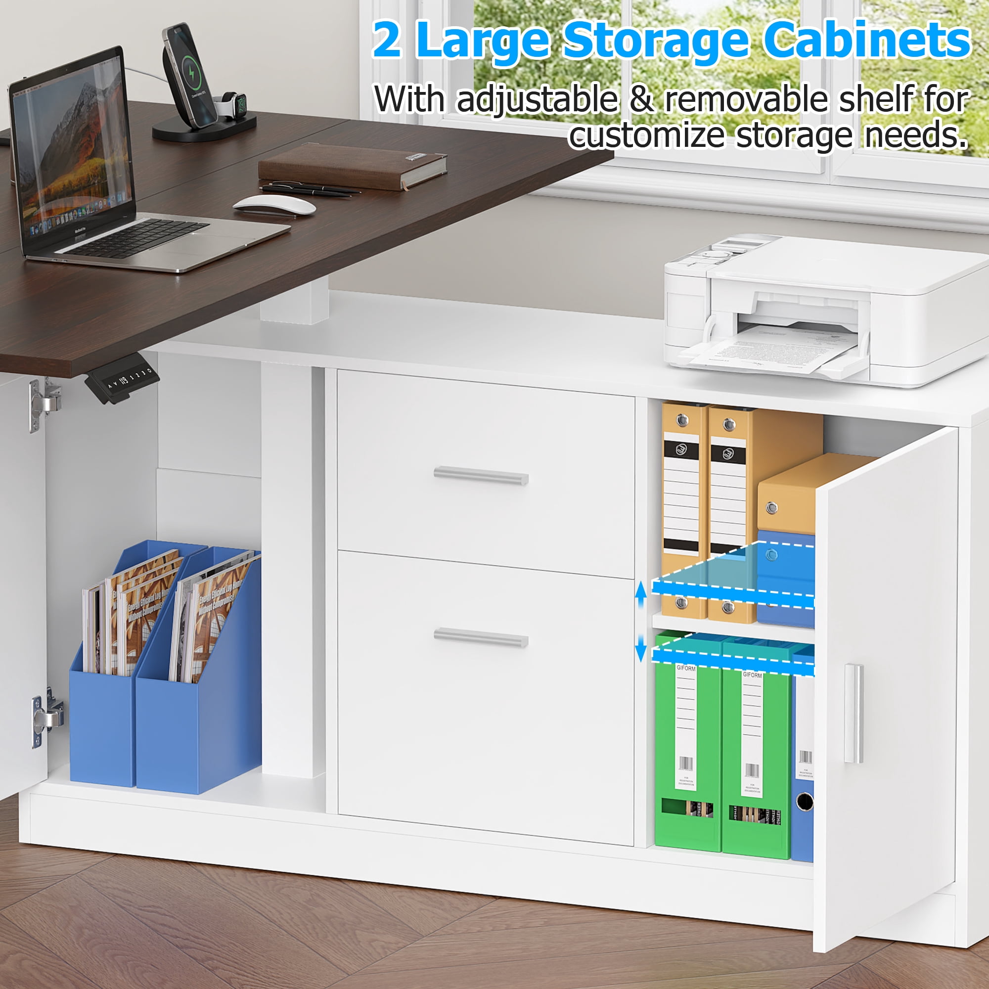 Frmobepts L-Shaped Executive Standing Desk with File Cabinet, 55" x 23.6" Electric Height Adjustable Stand up Desk, One-Whole Piece Desktop, Home Office Modern Computer Desk with 3 Memory Presets