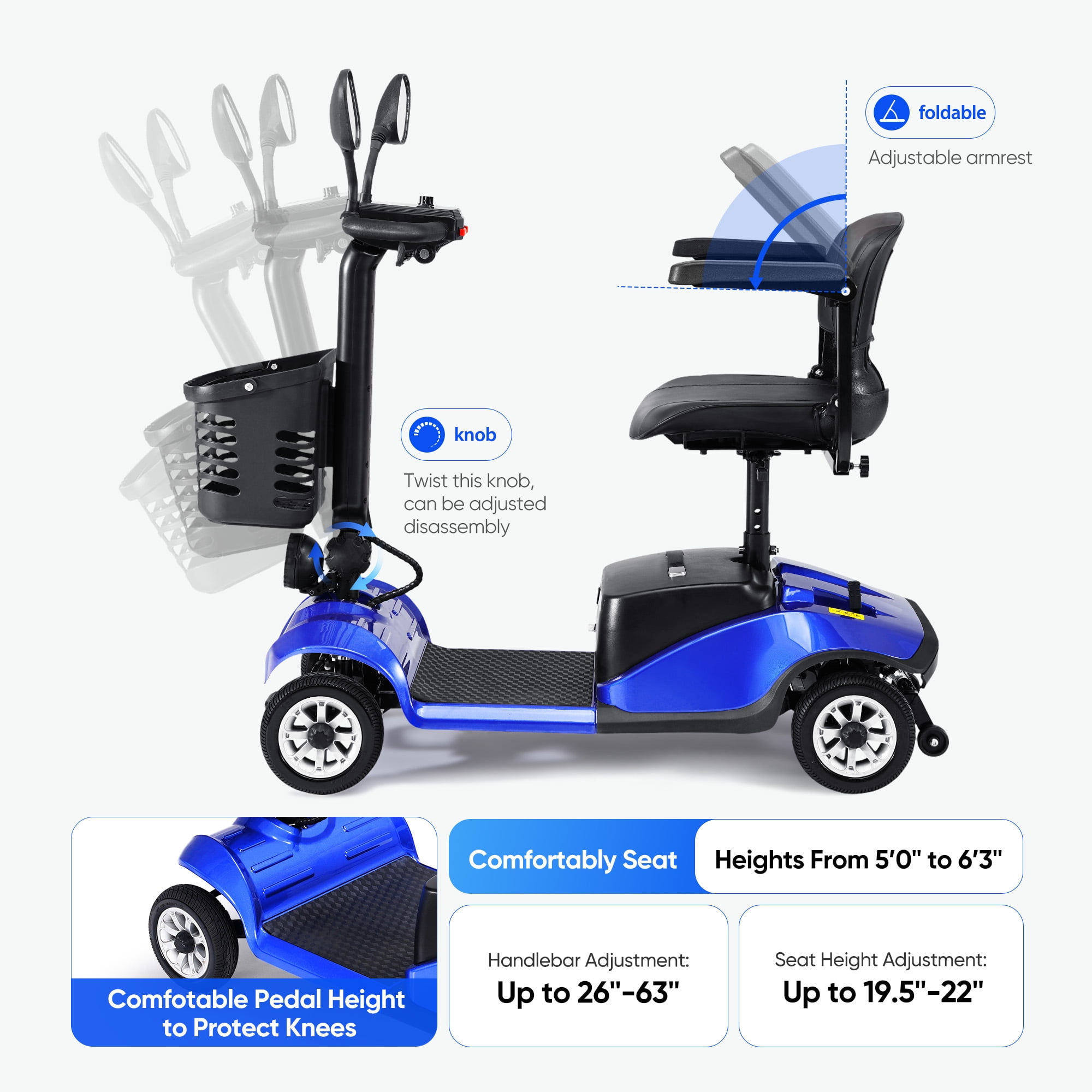 Morrean 4 Wheels Folding Travel Mobility Scooter for Senior, Electirc Wheelchair with Basket for Adults, Blue