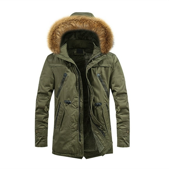 Men's Autumn&Winter Solid Color Long Sleeved Jacket Hooded Plush Collar Parkas