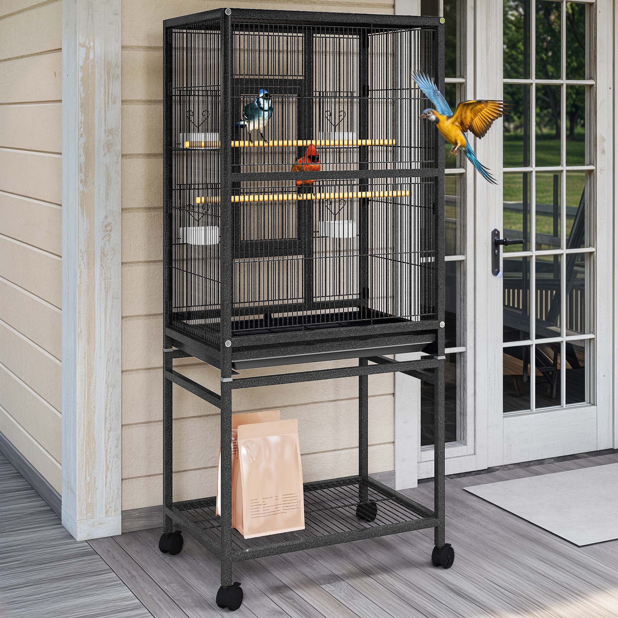 Uforic 53" Metal Bird cage with Rolling Stand, 2 Perches and 4 Feeders, Black