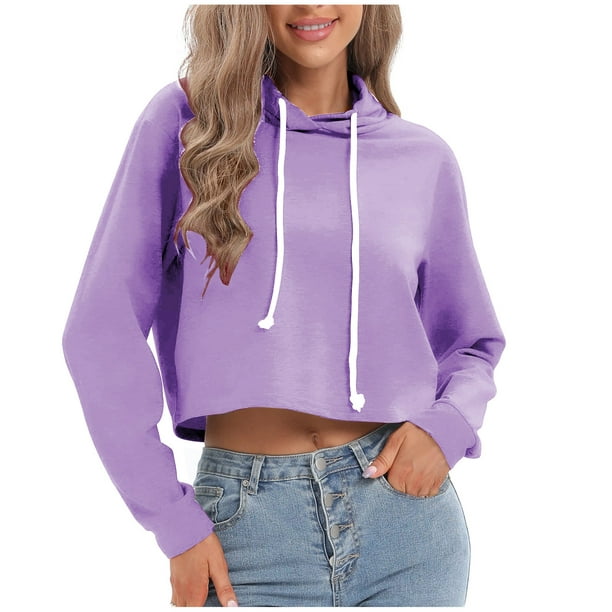 JGGSPWM Women's Long Sleeve Drawstring Basic Hooded Jacket Crop Sweatshirt  Solid Essential Hoodies Y2k Casual Pullover for Teen Girl Purple XL
