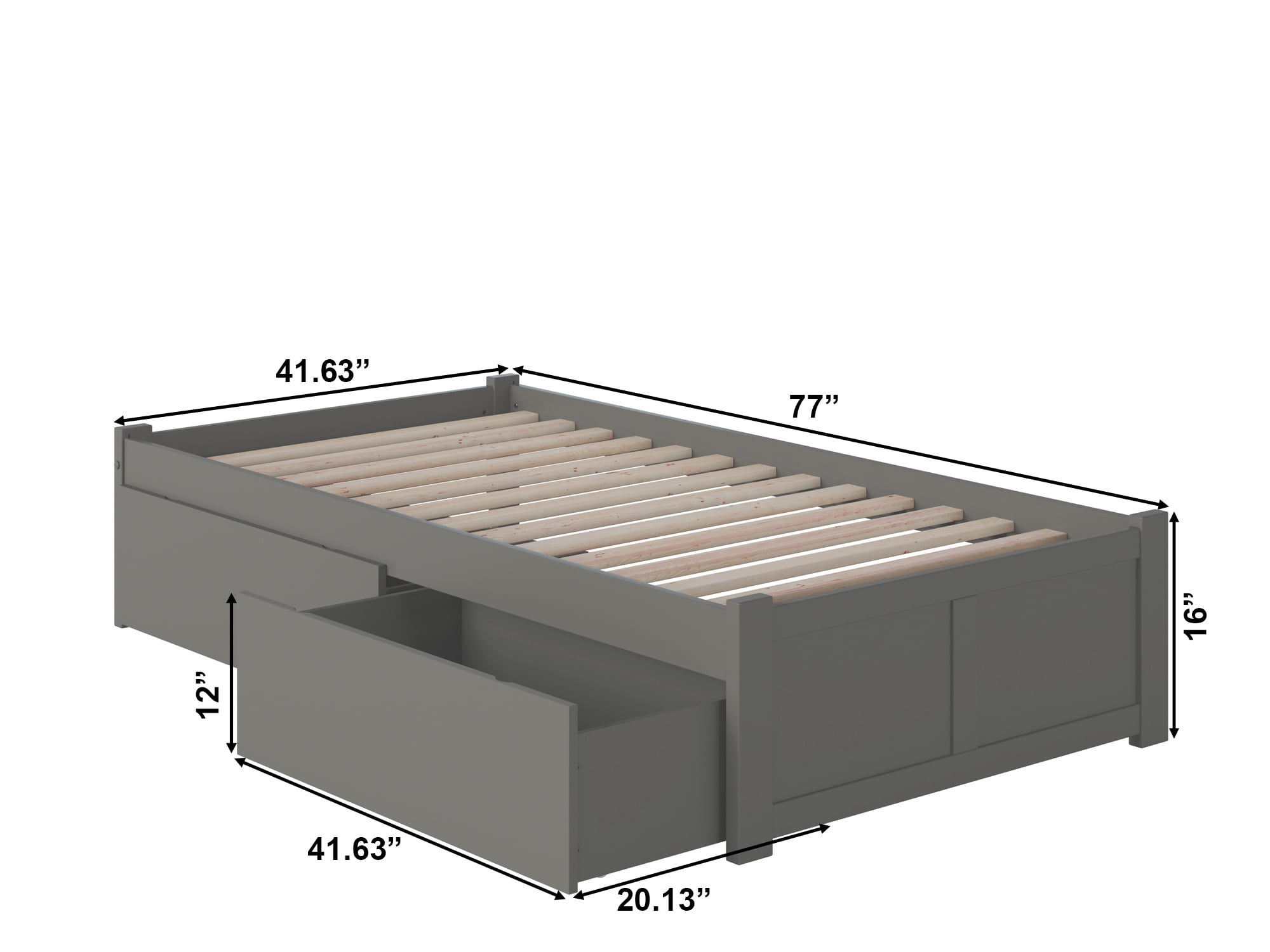AFI Concord Twin Solid Wood Platform Bed with Footboard & 2 Storage Drawers in Grey