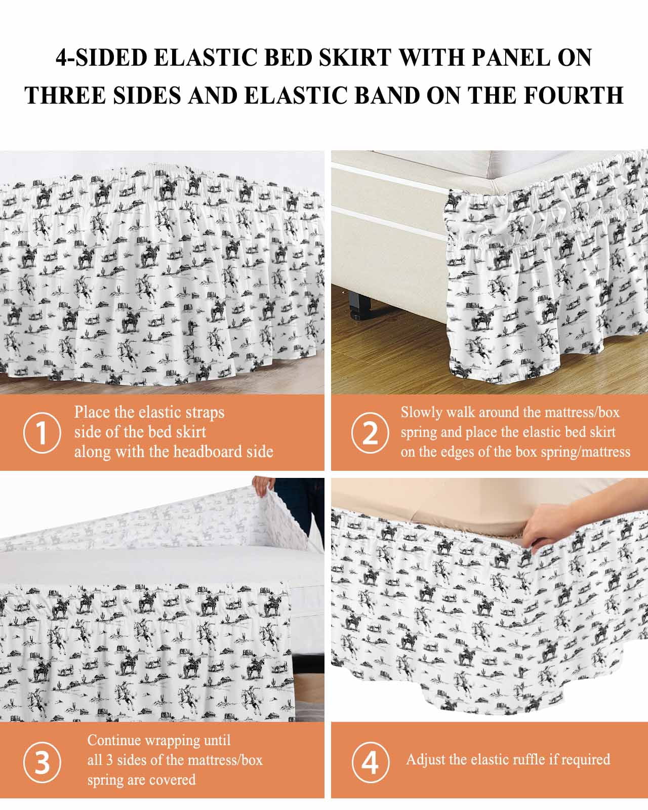Black Western Cowboy Wrap Around Bed Skirts for California King Bed 18" Drop,Bed Skirt with Adjustable Elastic Belt Dust Ruffle Bed Valance for Bedroom Vintage Horse Cactus Ethnic Art Bed Frame Cover