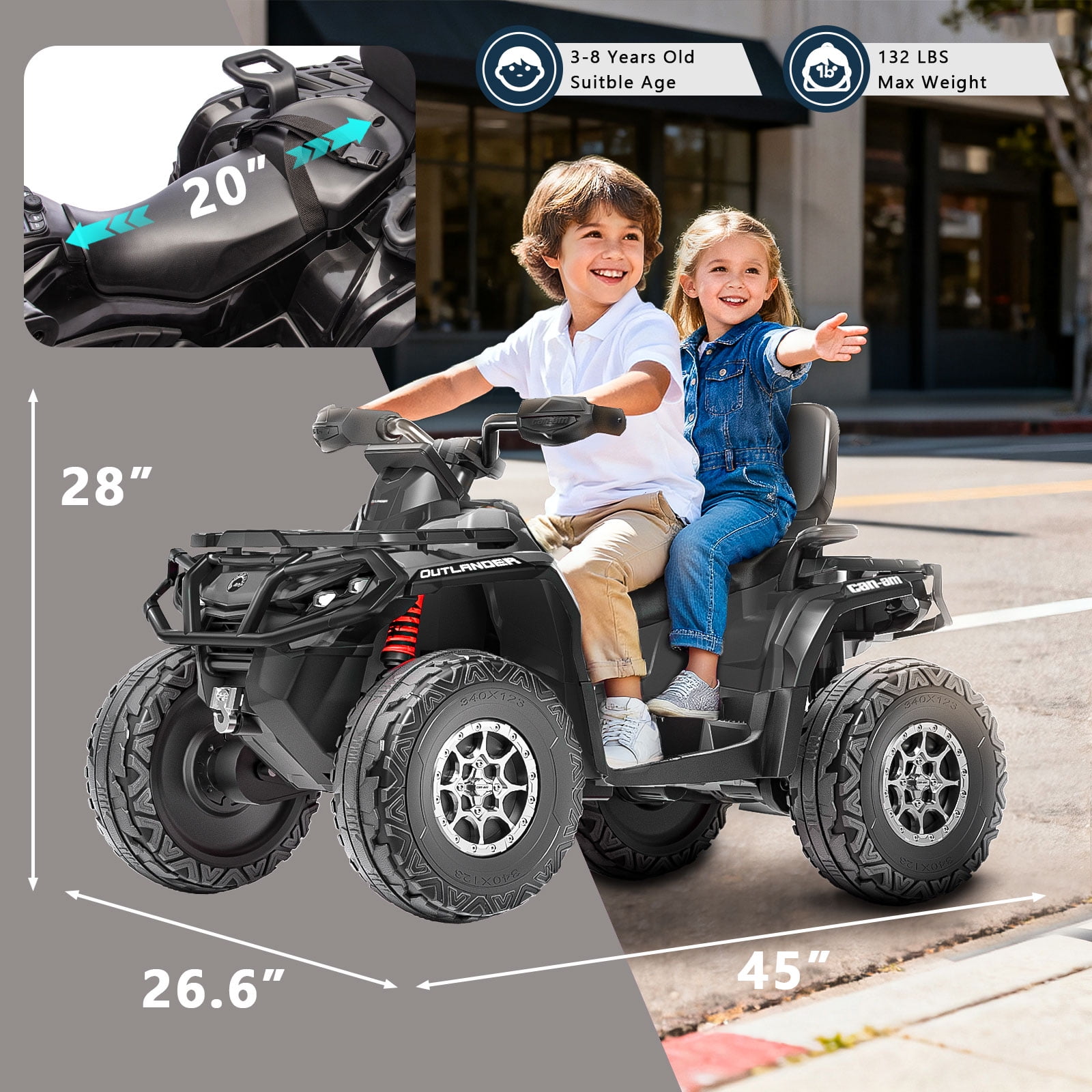 Kerry Yoo SAT5 24V Kids ATV, Licensed Can-am 4 Wheeler for Kids, Children Electric Car,  2 Seats, Parental Handle, Suspension, Safety Belt, Music-Black