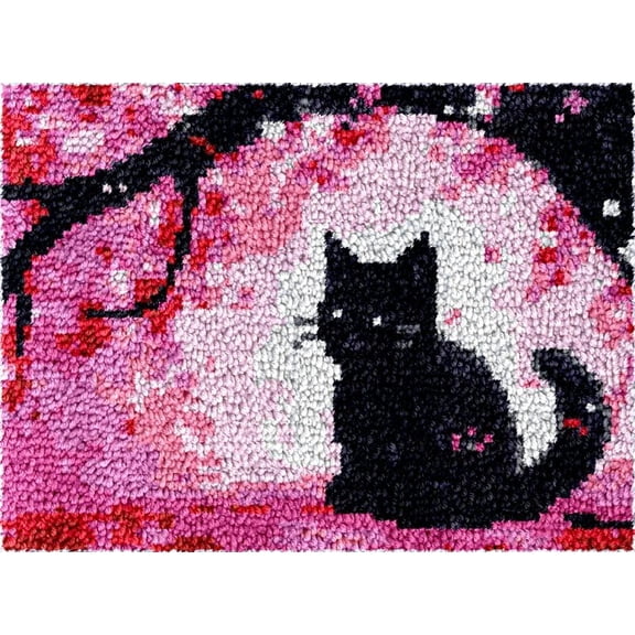 Latch Hook Kits Rug Black Kitten Under Tree DIY Cushion Tapestry Making Crochet Hook Mat Making Kits Color Preprinted Pattern Canvas DIY Hooking Needlework Crochet Kits 52x38cm (S11-182)