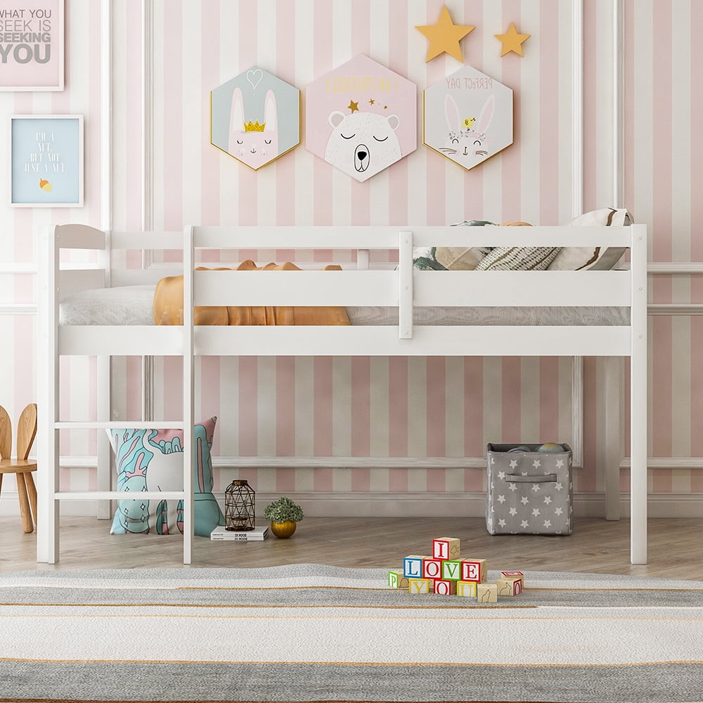Kepooman Twin Size Wood Low Loft Bed with Ladder for Kids Teens, 79.5" x 42.7" x 44.8", White Kepooman Twin Size Wood Low Loft Bed with Ladder for Kids Teens, 79.5" x 42.7" x 44.8", White
