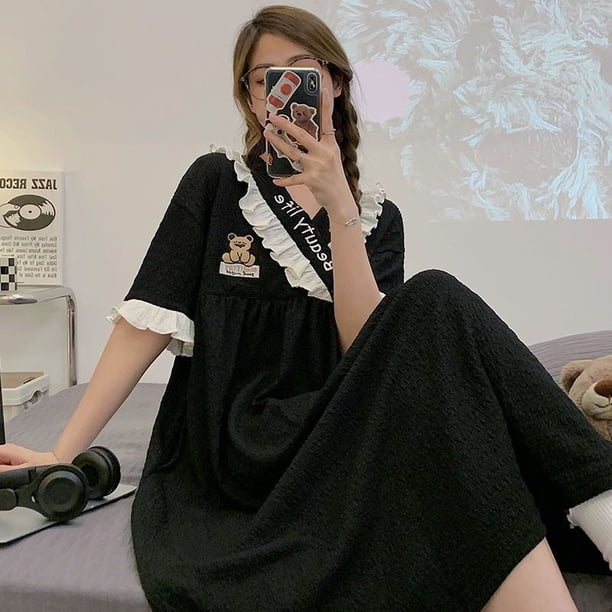 Camisón de encaje con volantes para mujer, ropa de dormir de estilo coreano, vestido de noche de una pieza, pijama de verano con lazo Floral, ropa de casa de manga corta