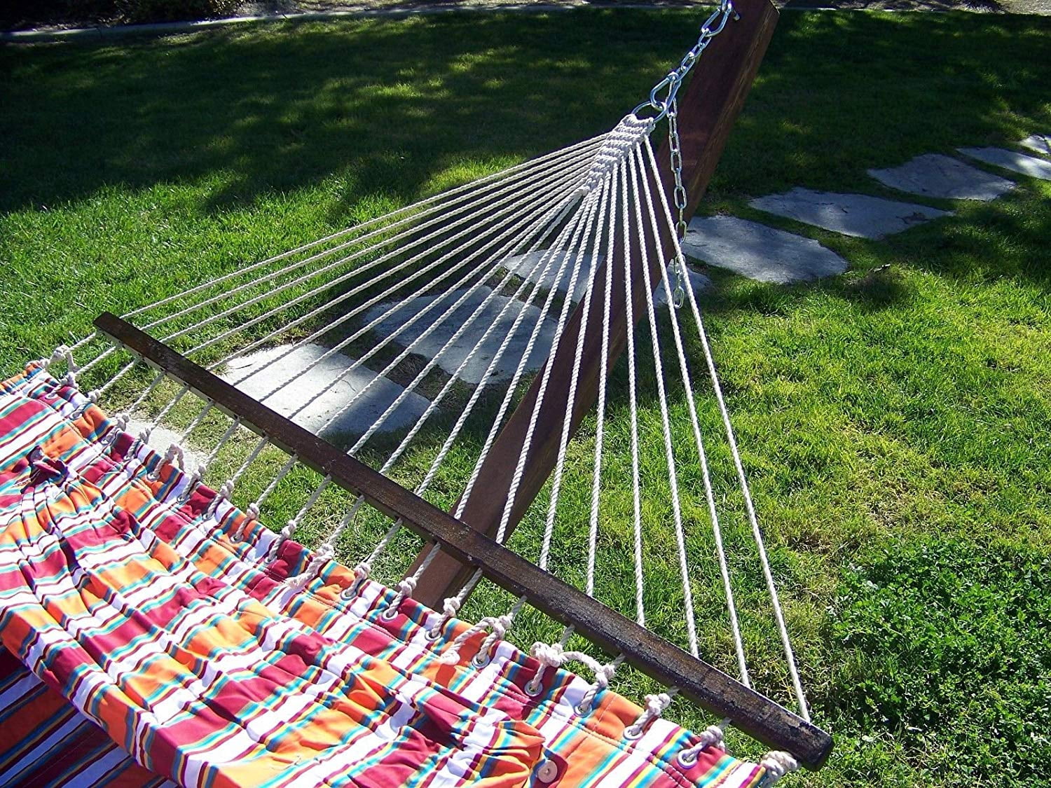 Petra Leisure 14 Ft. Coffee Stain Wooden Arc Hammock Stand + Deluxe Quilted Elegant Fiesta Stripe, Double Padded Hammock Bed w/Pillow. 2 Person Bed. 450 LB Capacity&nbsp;