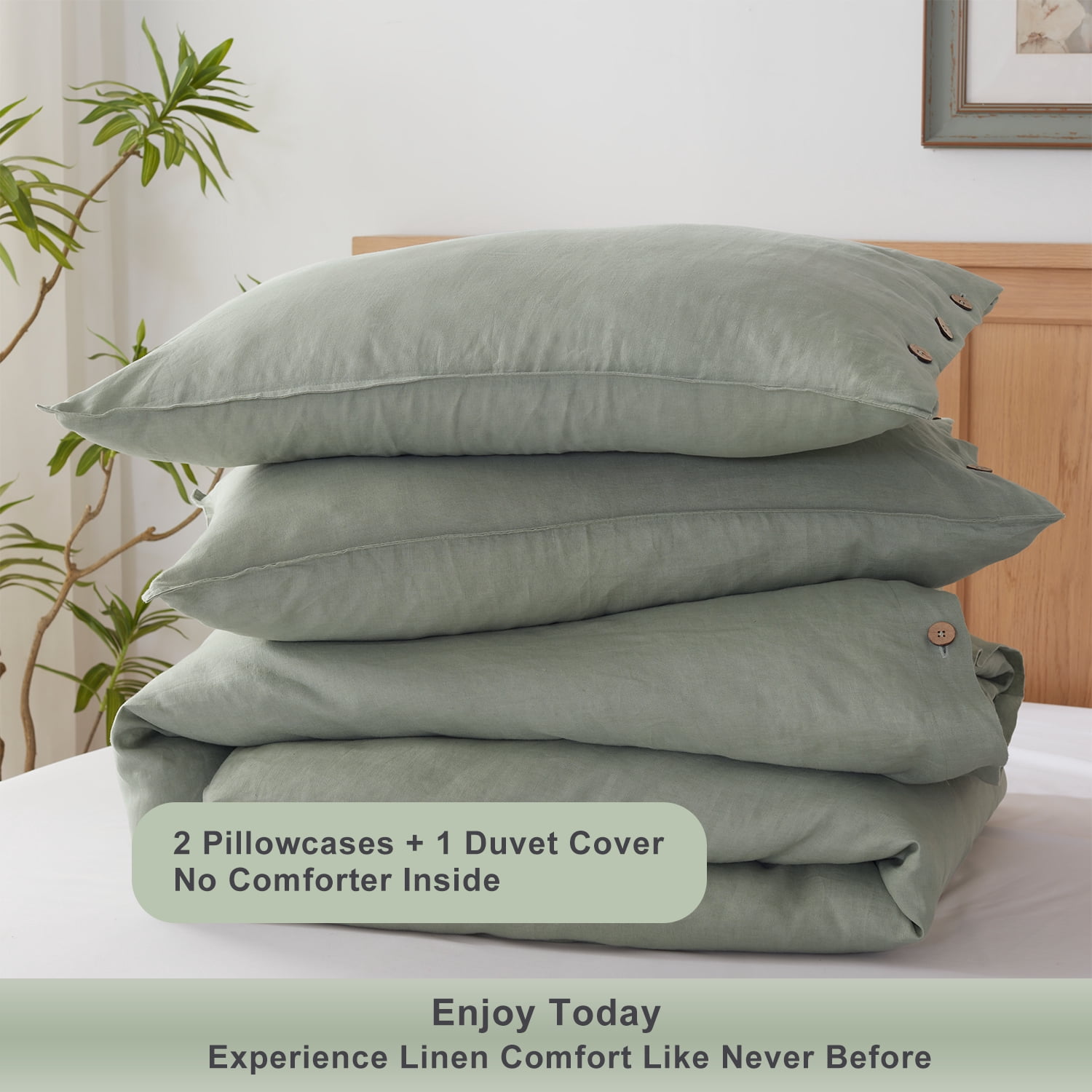 TOSMO 100% Linen Duvet Cover Set with Button Closure, 3 Pieces (1 Duvet Cover with 2 Pillowcases), Soft Breathable Durable Farmhouse Bedding