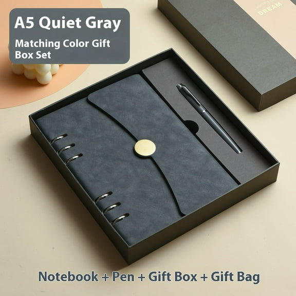 A5 Grey Business Office Student PU Leather Metal Binder Hardcover Spiral Refillable 6 Ring Journal Personal Planner Notebook