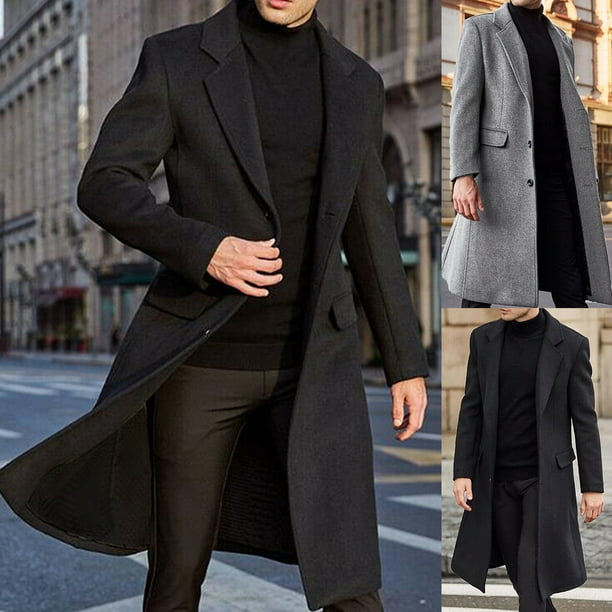 Farfi Winter Men Long Sleeve Buttons Jacket Overcoat Mid-length Trench ...
