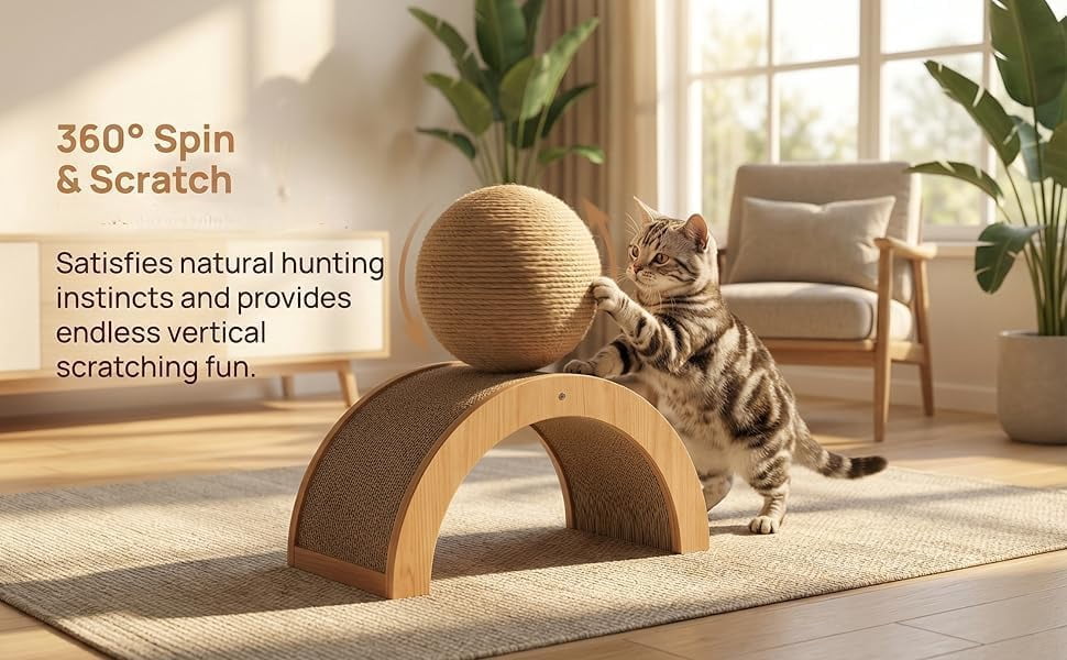 Cat Scratching Ball On Stand, Interactive Cat Scratcher with 360° Rotating Sisal Ball, Cat Scratching Post with Arch Bridge Balls, Cat Scratcher Board for Indoor, Protects Furniture & Rugs