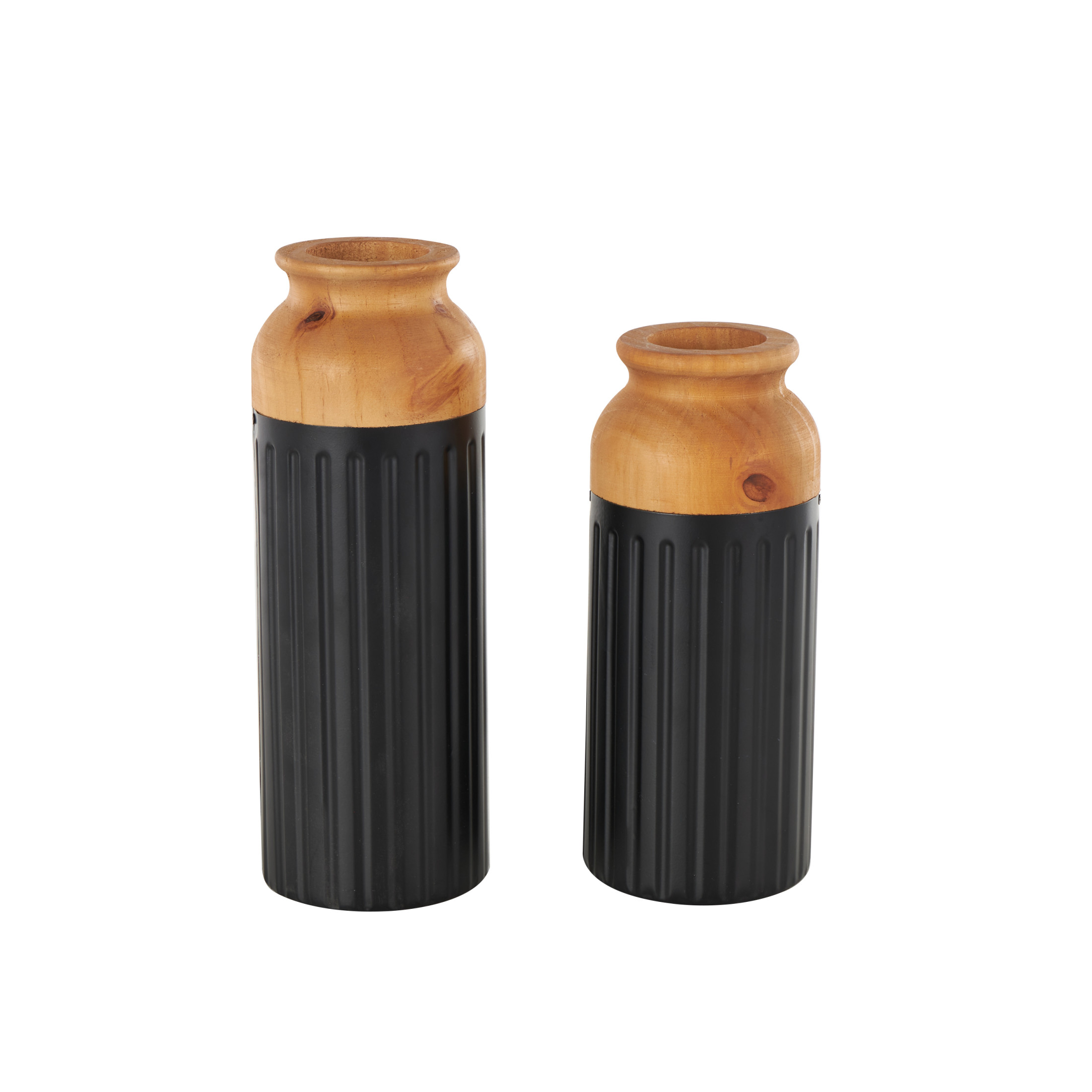 DecMode 11", 10"H Color Block Black Metal Vase with Rounded Linear Grooves and Brown Wood Tops, Set of 2