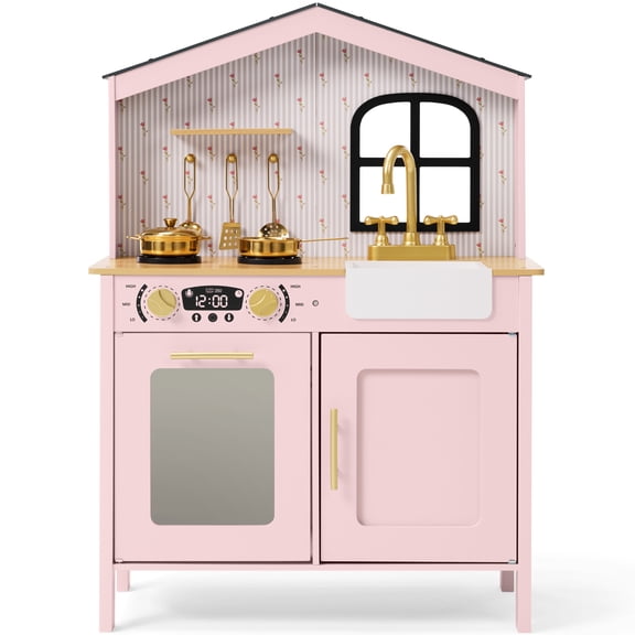 Best Choice Products Farmhouse Wooden Play Kitchen for Kids with Storage, Accessories & Clicking Knobs, Ages 3 - Pink
