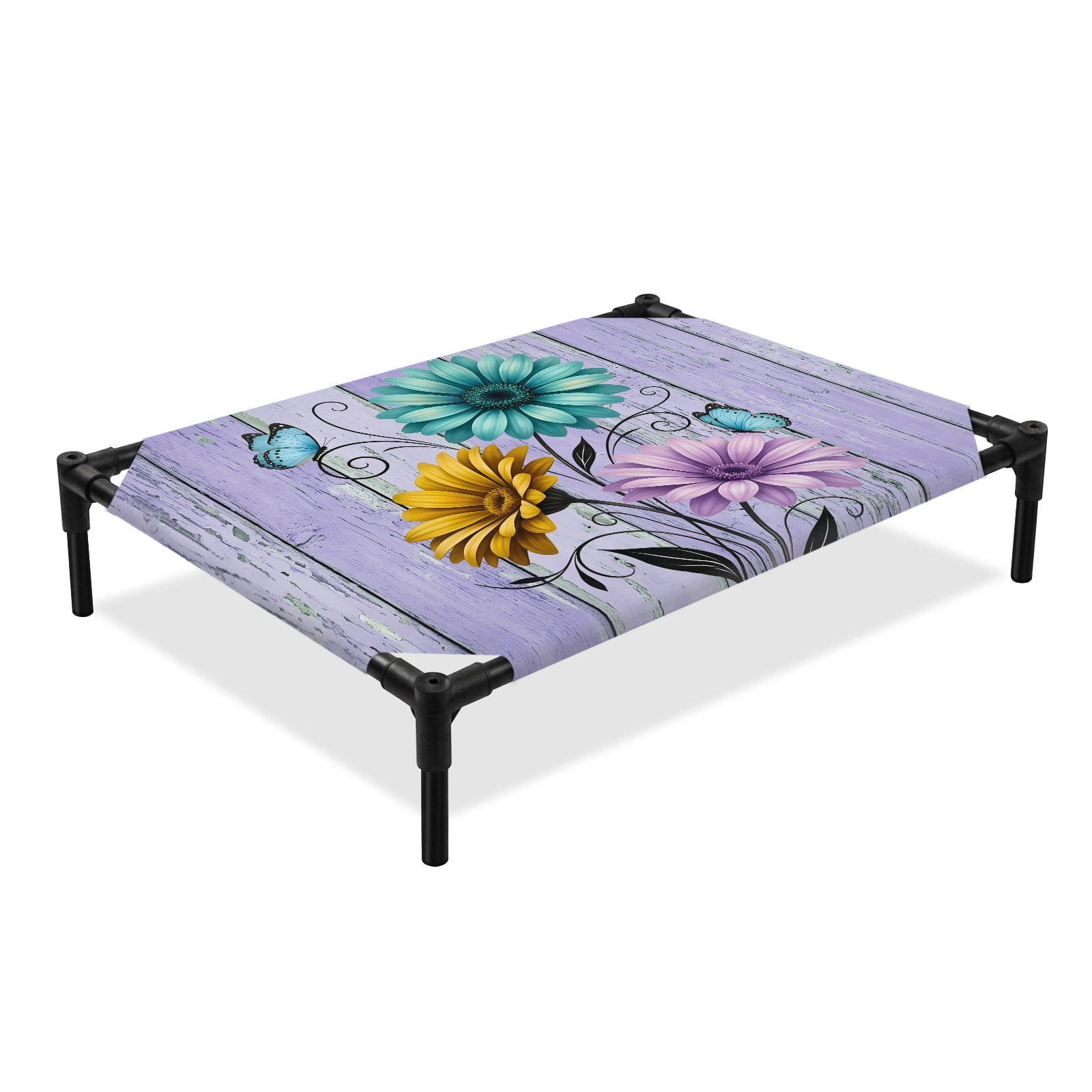 Vintage Flower Elevated Dog Bed Yellow Green Daisy Blue Butterfly Purple Wood Grain Cooling Breathable Outdoor Raised Dog Cot Bed with Metal Frame Non-Slip Feet for Large Dog 28x22in