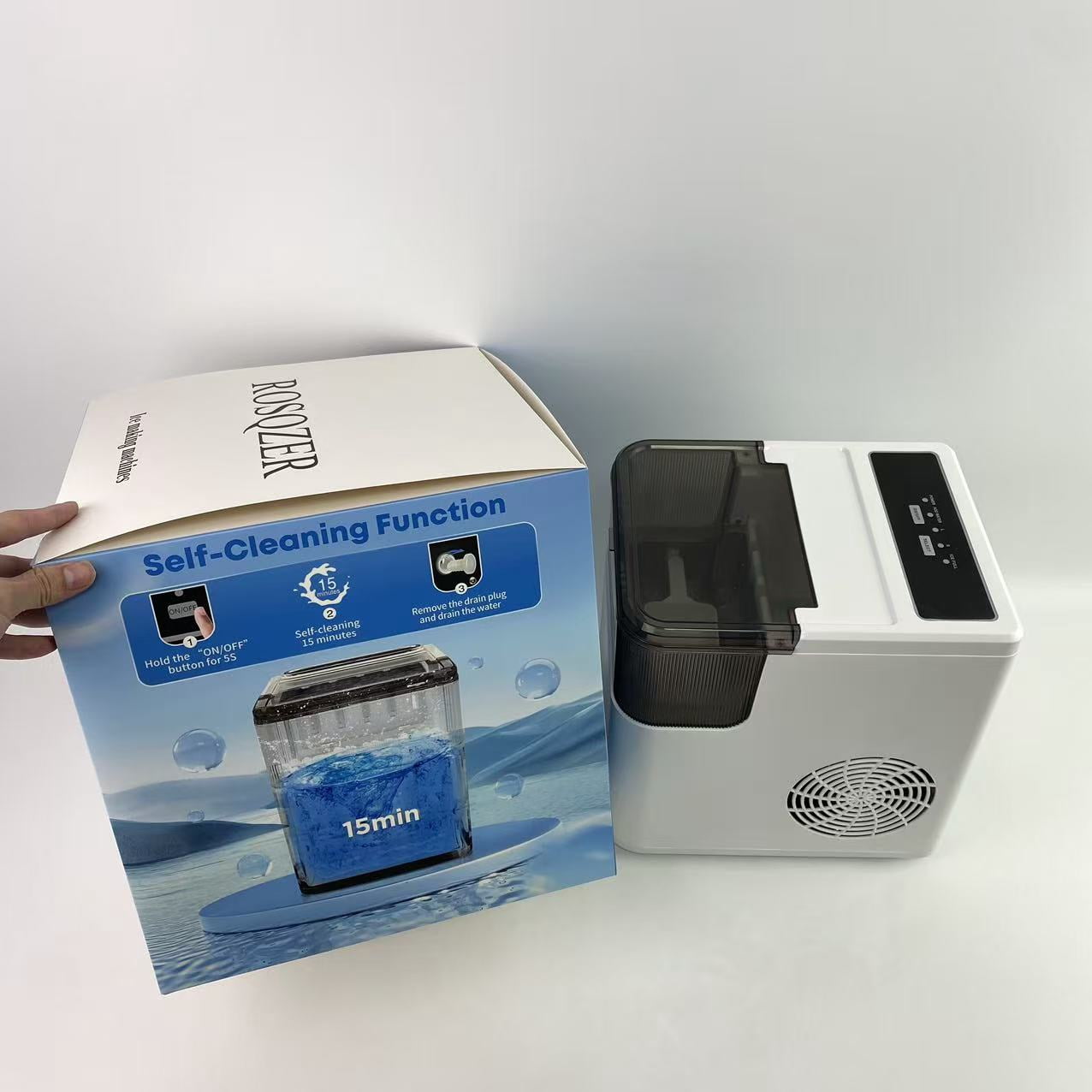 ROSQZER Ice making machines,Countertop Ice Maker Machine with Handle, 26lbs Per Day, 9 Ice Cubes Ready in 6 Mins, Auto-Cleaning Portable Ice Maker with Basket and Scoop (White)