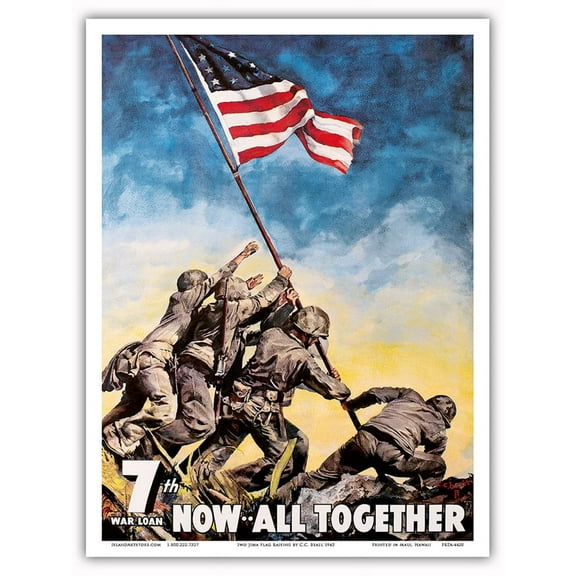 Iwo jima Japan - American Flag Raising - Now All Together - 7th War Loan - Vintage War Poster by C. C. Beall 1945 - Master Art Print (Unframed) 9in x 12in