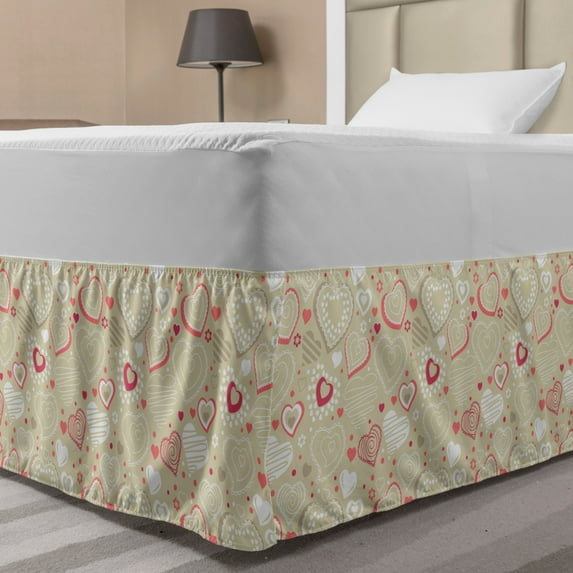 Valentines Bed Skirt, Doodle Style Abstract Heart Shapes with Love and Affection Theme, Elastic Bedskirt Dust Ruffle Wrap Around for Bedding Decor, 4 Sizes, Beige Dark Coral White, by Ambesonne