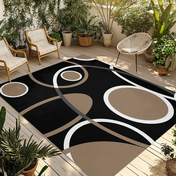 Modern Geometric Black Outdoor Area Rug 3x5ft Decorative Indoor Outdoor Rug Boho Abstract Circle Lines Brown Patio Area Rug for Porch, Deck, Balcony, Entryway, Camping & RV