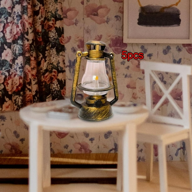 5 uds Mini 1:12 casa de muñecas luz de aceite juego de simulación linterna rústica decorativa para DIY escena modelo comedor sala de estar accesorios Bronce Macarena casa de muñecas lámpara de aceite