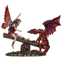 Ebros Amy Brown Elf Fire Fairy with Red Dragon On Wood Logs Seesaw Statue 8.5" H