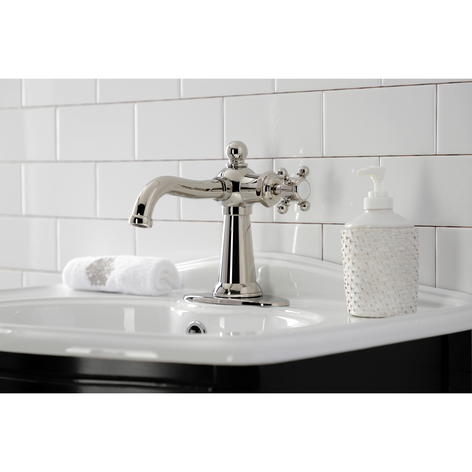 Kingston Brass KSD154BXPN Nautical One-Handle Single-Hole Bathroom Faucet with Deck Plate and Push Pop-Up Drain, Polished Nickel